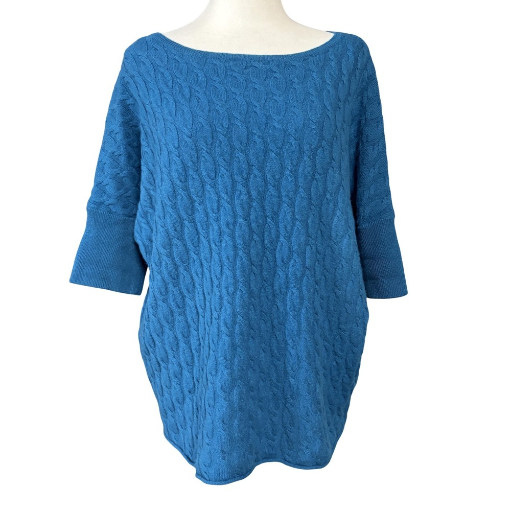 Garnet Hill Sweater Womens M Blue 100% Cashmere Boat Neck Cable Knit Pullover